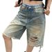 Summer High Street Women's Ripped Denim Mid-Length Shorts Slim Fit Straight Leg Distressed Washed Frayed Edges Five Point_ecoleips.com