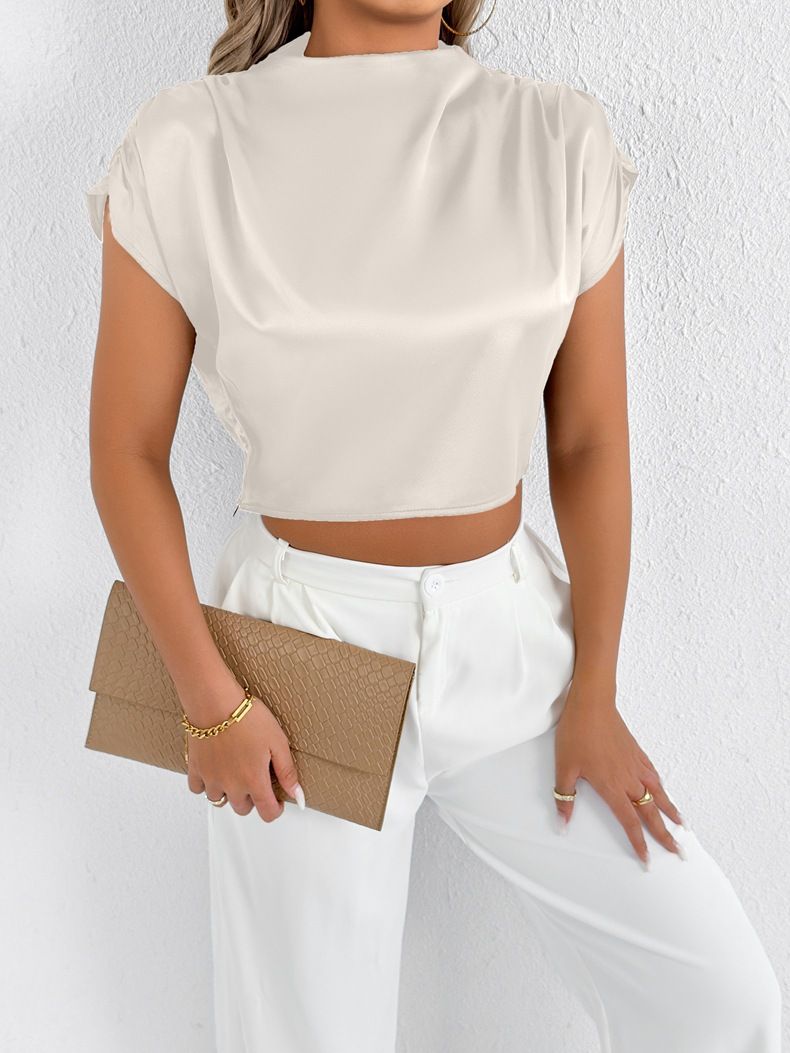 Women's Clothing Summer Satin Shirt Women's Fashionable Short Sleeved Blouse High End Style Top For Formal & Casual For Women_ecoleips.com
