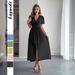 Women's European American Style Vacation Inspired Deep V Neck Short Sleeve Long Dress Spring Summer_ecoleips.com