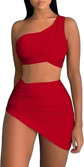 Women's Clothing Swimsuit Split Bikini Solid Color One Shoulder Swimsuit Female Piece Set_ecoleips.com