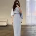 Elegant Satin Wrap Dress With Belt – Batwing Sleeve Midi Dress For Work & Evening (S-Xxl, Dusty Blue Poly-Cotton Blend)_ecoleips.com
