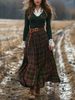 Women's Autumn And Winter Plaid Large Pendulum Skirt Vintage V-Neck Long Sleeve Pastoral Dress_ecoleips.com