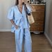 Women's Clothing Spring And Summer New Sweet Solid Color Suit Pure Cotton V Neck Top Bubble Short Sleeved Trousers 2 Piece Set_ecoleips.com