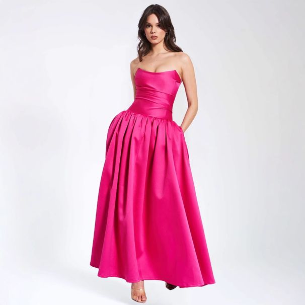 Summer 2025 New Slim-Fit Waist-Defining Beach Vacation Long French Rose Red Strap Dress For Women_ecoleips.com