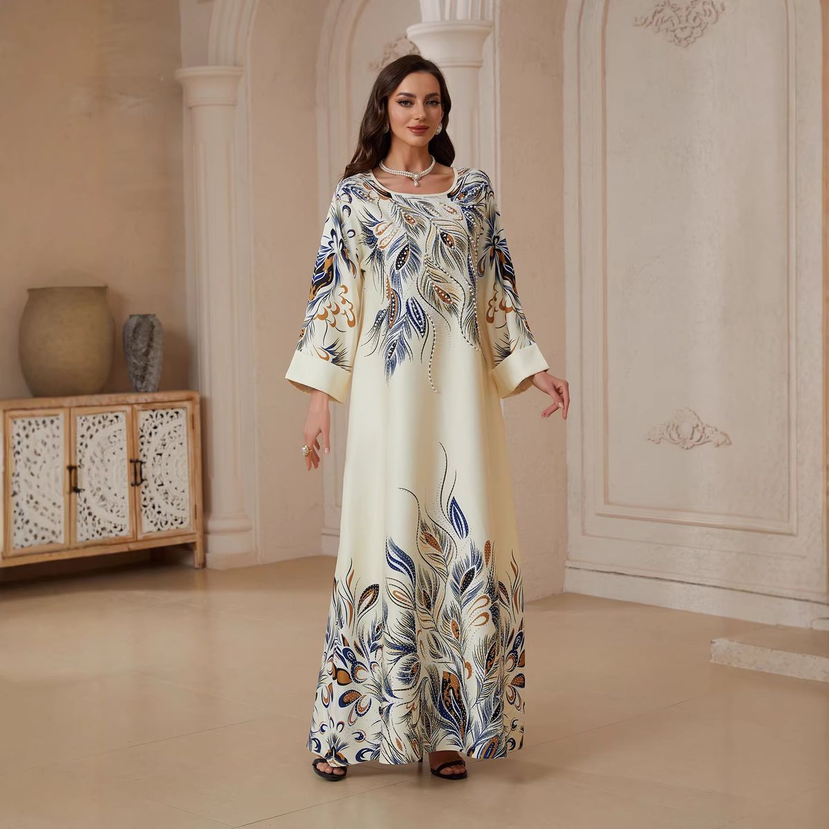 SW2611 Women's Rhinestone Beaded Print Long Robe Dress Muslim Fashion Clothing_ecoleips.com