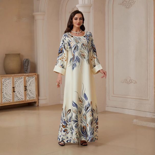 SW2611 Women's Rhinestone Beaded Print Long Robe Dress Muslim Fashion Clothing_ecoleips.com