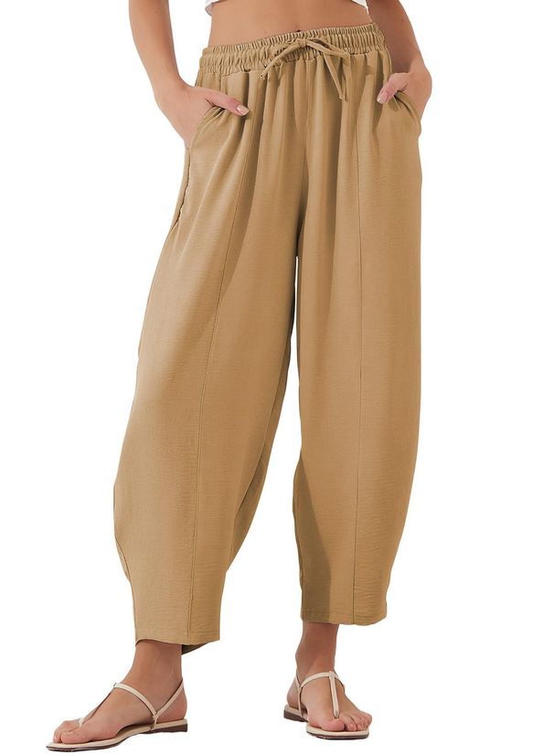 Women's High Waist Drawstring Cropped Pants Summer Leisure Loose Fit Vacation Pants With Pockets Style_ecoleips.com