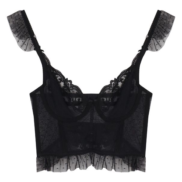 ng2510292 Black Fishbone Lace Camisole Women's Summer V-neck Bra Inner Wear Sexy Short Top For Outerwear_ecoleips.com