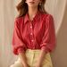 Women's Relaxed Fit V-Neck Puff Sleeve Striped Shirt, Chic Casual & Commute Blouse For Trendy Style_ecoleips.com