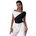 Women's Clothing Summer New Color Matching Oblique Shoulder Pleated Edge Slim Fit Thin Versatile Temperament Commuter Tops For Women_ecoleips.com