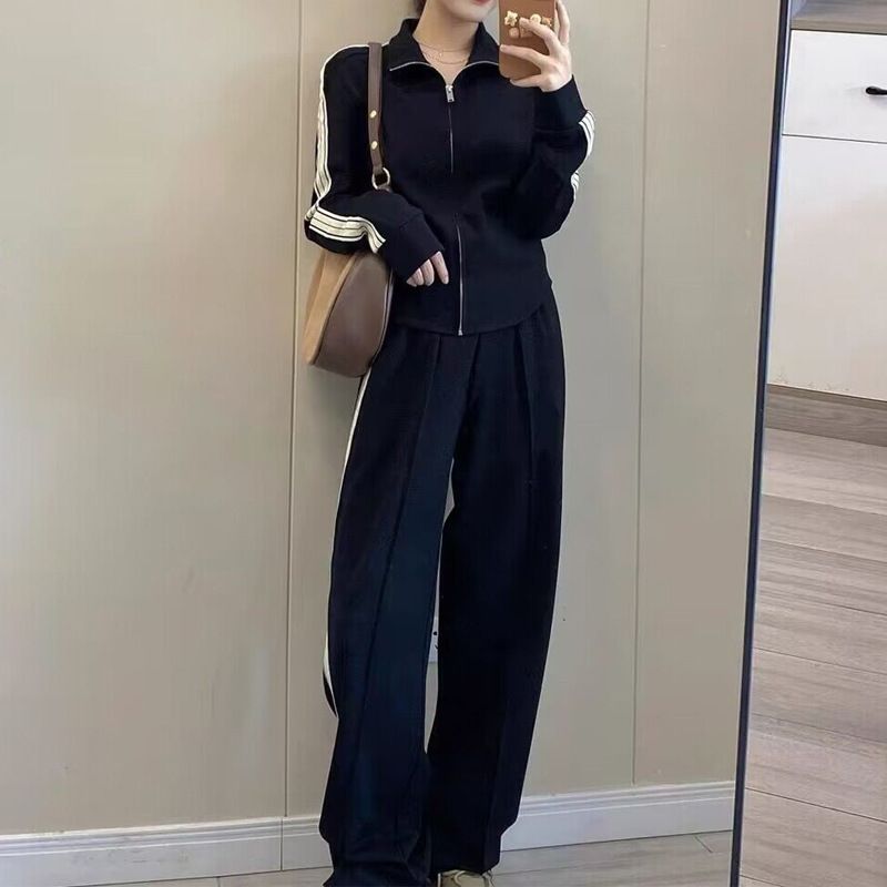 High-End Fishbone Sports Suit For Women, Spring And Autumn European Casual Fashion Black Sweatshirt Two-Piece Set,_ecoleips.com