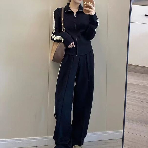 High-End Fishbone Sports Suit For Women, Spring And Autumn European Casual Fashion Black Sweatshirt Two-Piece Set,_ecoleips.com