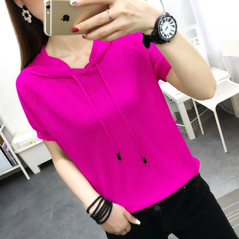 Elegant Fashion Harajuku Slim Fit Female Clothes Loose Casual All Match Short Sleeve T-shirts Solid Thin Style Hooded Sweatshirt_ecoleips.com