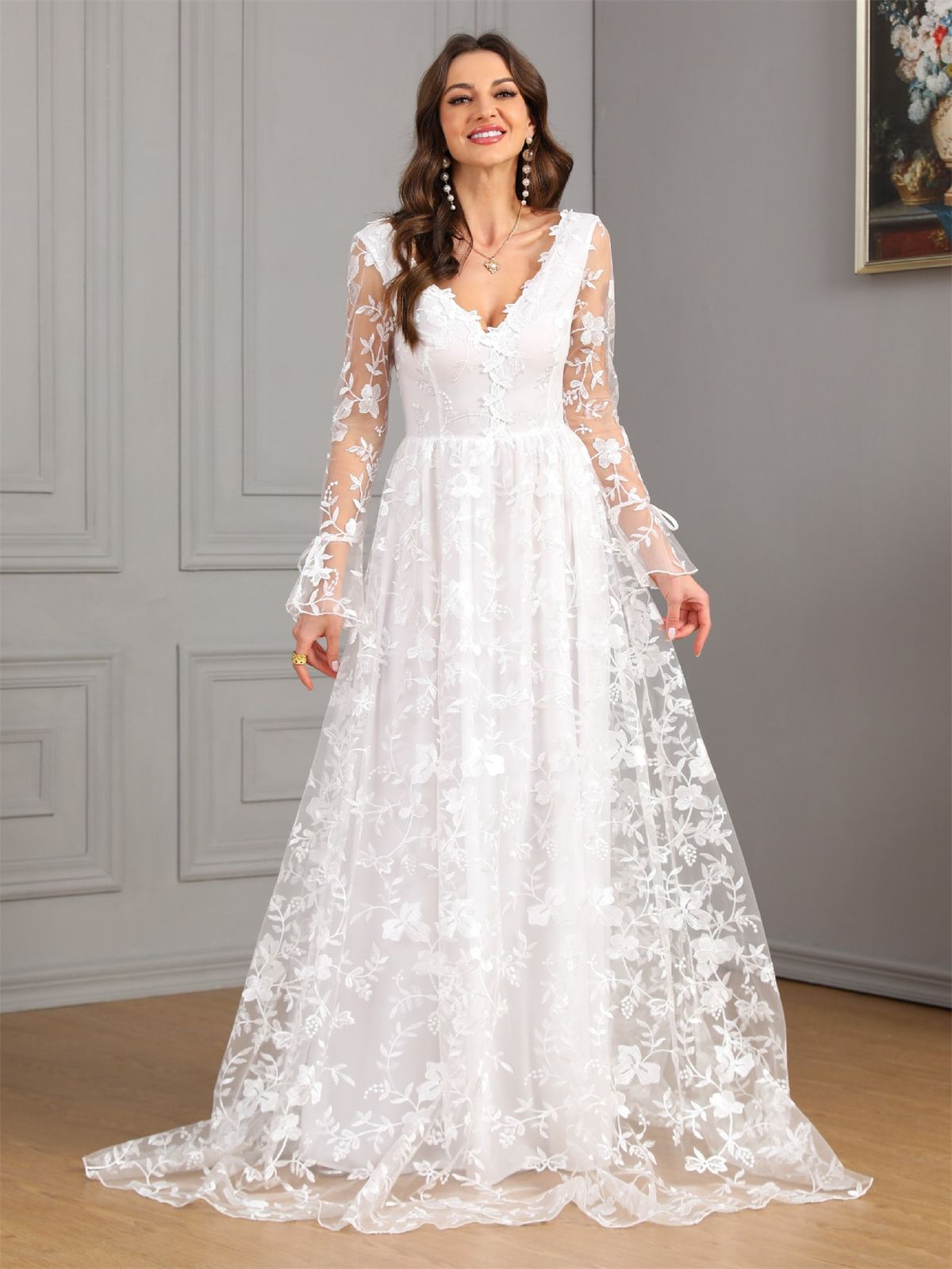 Women's Clothing Autumn And Winter New Long Sleeved V Neck Large Swing Trailing Lace Dress Wedding Dress_ecoleips.com
