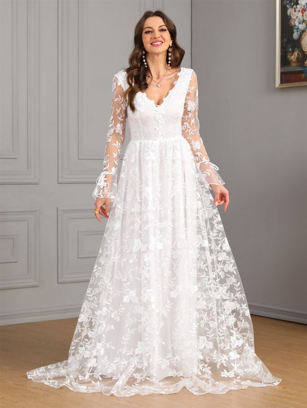 Women's Clothing Autumn And Winter New Long Sleeved V Neck Large Swing Trailing Lace Dress Wedding Dress_ecoleips.com