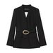 Women's European American Style Fashion Gold Buckle Belt Suit Jacket Casual Wide Leg Pants Set_ecoleips.com