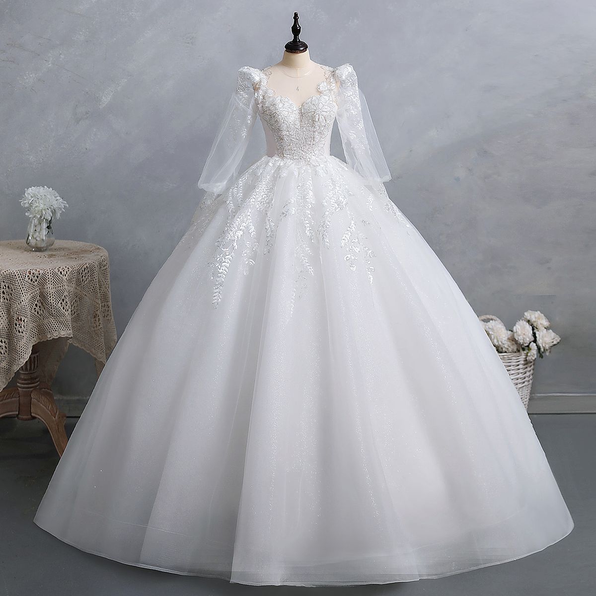 Plus Size Light Wedding Dress French Style Long Sleeved Bridal Reception Gown Petite Style High End Luxury_ecoleips.com