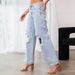 European And American Knee Ripped Jeans Women's High Waist Long Wide Leg Pants Light Color Washed Casual Pants_ecoleips.com