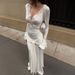 Women's Clothing Satin Fishtail Maxi Dress V Neck Bell Sleeve Lace Trimmed Style Spring Summer For Formal & Casual_ecoleips.com