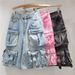 Women's Clothing Multi Pocket Washed Distressed Cropped Denim Shorts For Women Summer Loose Casual Wide Leg Workwear Cropped Trousers_ecoleips.com
