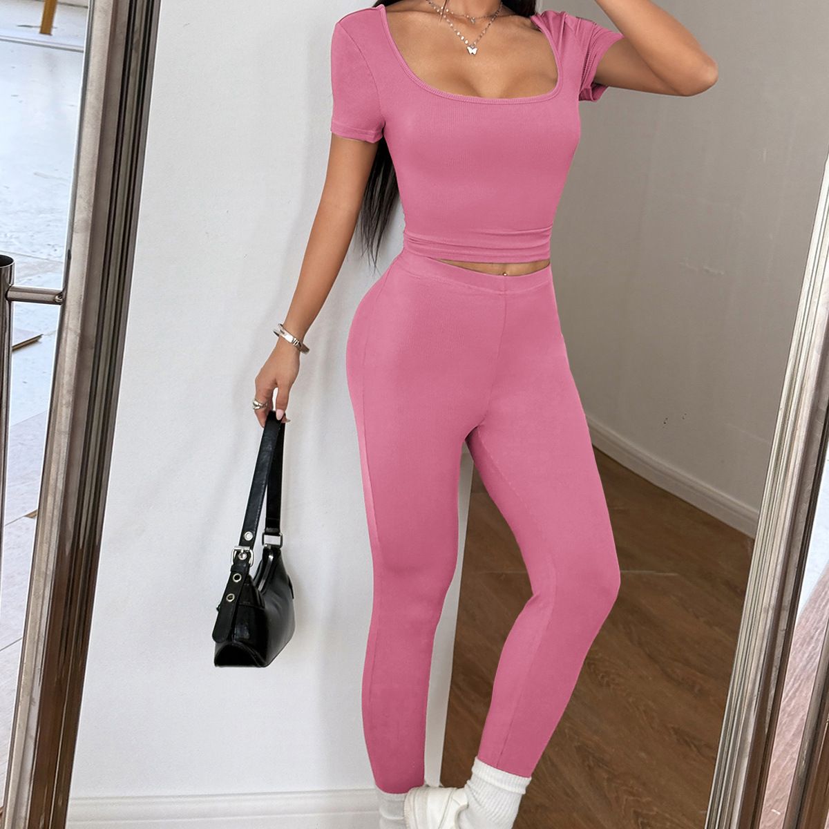 Women's Clothing 2025 Spring And Summer European And American Sports Yoga Solid Color Two Piece Suit_ecoleips.com