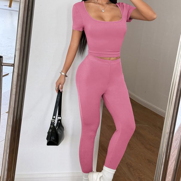 Women's Clothing 2025 Spring And Summer European And American Sports Yoga Solid Color Two Piece Suit_ecoleips.com