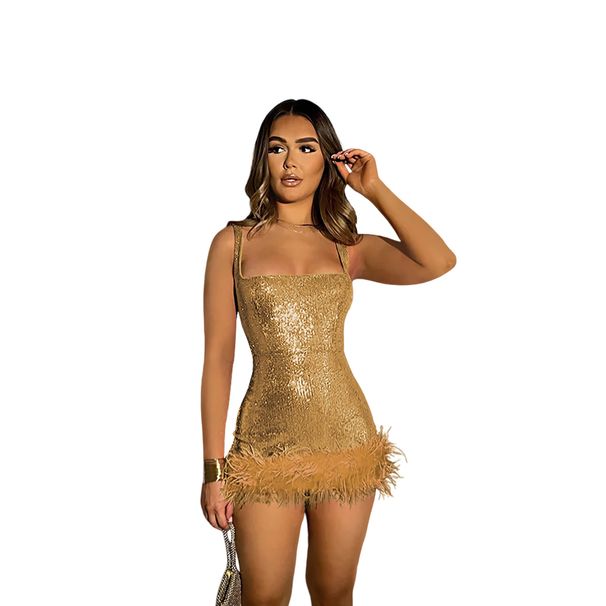 Fashion Women's Sequin Feather Suspender Dress New_ecoleips.com