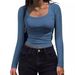 2024 New European And American Style Ribbed Slim Fit Long Sleeve Square Neck For Women Cross-Border Women's_ecoleips.com