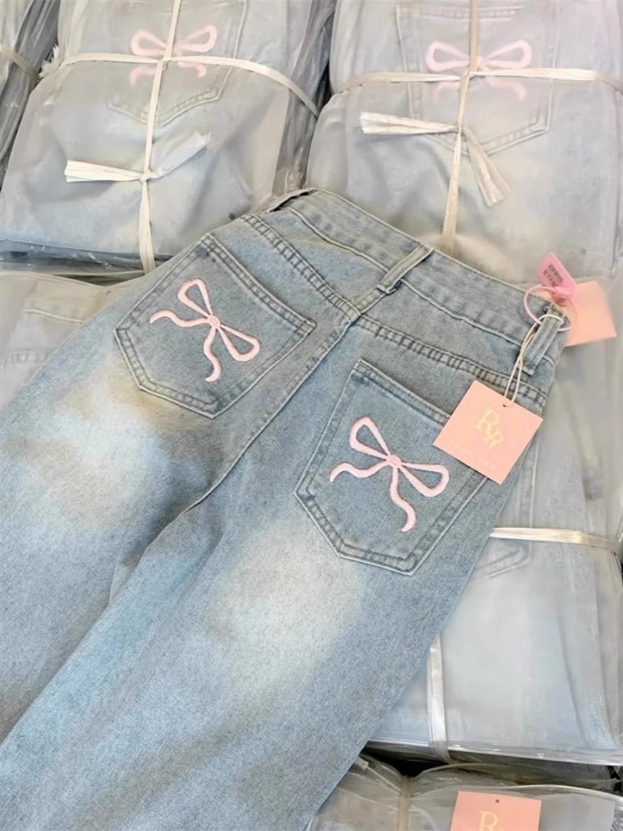 New 2025 Women's Designer Bow Embroidered Jeans High-Waisted Straight-Leg Summer Retro Wide-Leg Pants Casual Cotton Fashion_ecoleips.com