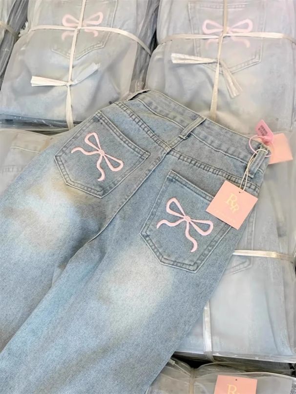 New 2025 Women's Designer Bow Embroidered Jeans High-Waisted Straight-Leg Summer Retro Wide-Leg Pants Casual Cotton Fashion_ecoleips.com