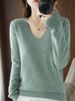 K V-neck Loose Knit Sweater For Women's New Style, Versatile Sweater For Outerwear, Solid Color Long Sleeved Thin Style, Stylish Top_ecoleips.com
