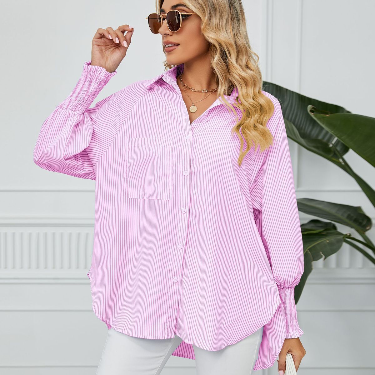 Verve 2025 Women's Fashion New Cuff Ruched Loose Striped Shirt Top_ecoleips.com
