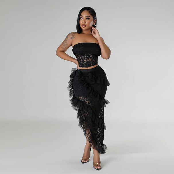 Women's Clothing Sleeveless Lace Tube Top With Irregular Skirt Solid Color Two Piece Set For Women_ecoleips.com