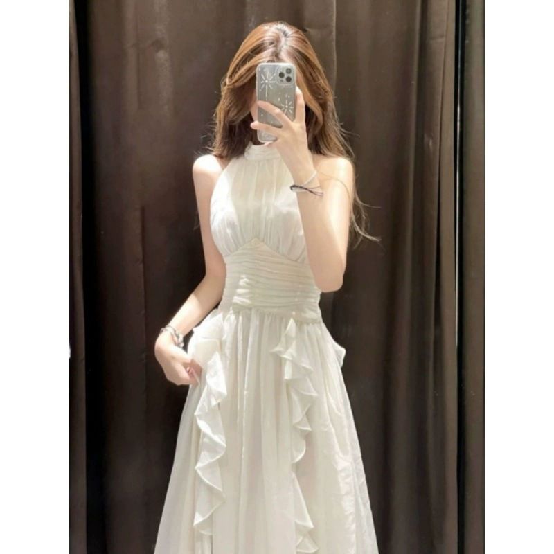 French Haute Couture Off The Shoulder Sleeveless Neck Hanging Dress For Women's Summer Waist Design, With A Sense Of_ecoleips.com