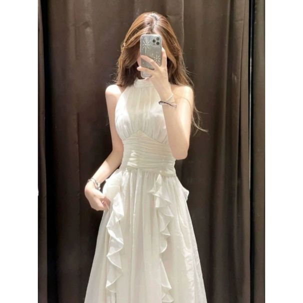 French Haute Couture Off The Shoulder Sleeveless Neck Hanging Dress For Women's Summer Waist Design, With A Sense Of_ecoleips.com
