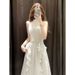 French Haute Couture Off The Shoulder Sleeveless Neck Hanging Dress For Women's Summer Waist Design, With A Sense Of_ecoleips.com