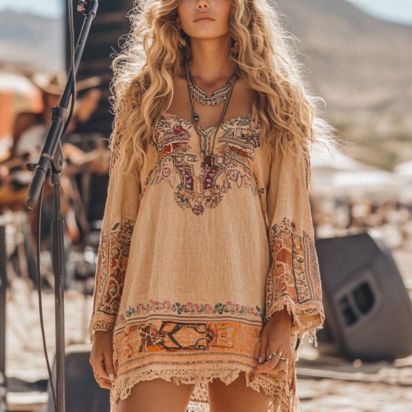 Women's Fringed Beach Dress With Vintage Wilderness-Style Ethnic Print For Summer_ecoleips.com
