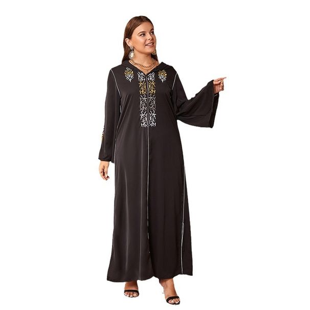 Verve Muslim Ethnic Embroidered Satin Long Sleeve Plus Size Loose Dress Robe_ecoleips.com
