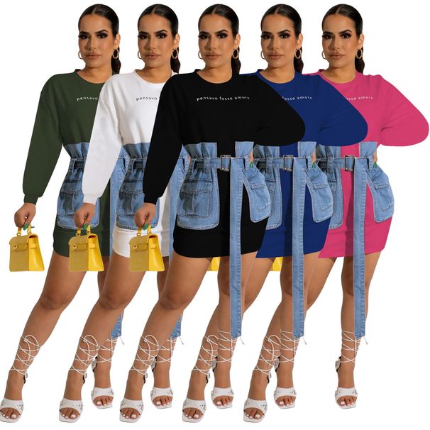 Women's Clothing Letter Embroidered Lace Up Denim Dress_ecoleips.com