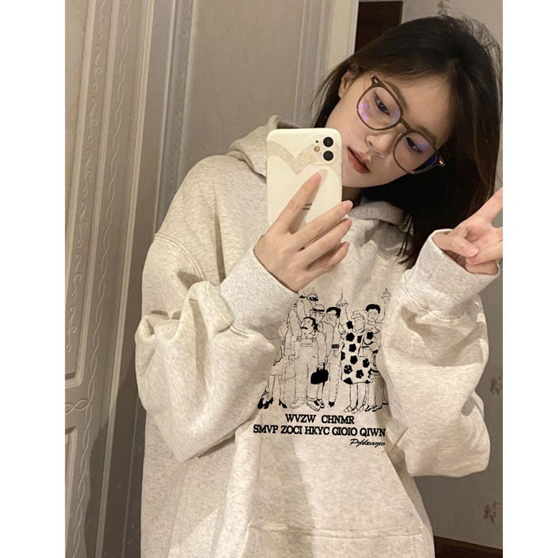 Women's Printed Hooded Sweatshirt Fleece Lined Thick Coat Autumn Winter Heavyweight Couple Style New National Trend 2025_ecoleips.com