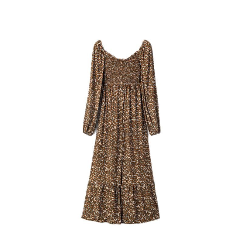 Women's Floral Print Chiffon Lantern Long Sleeve U Neck High Waist Panel Maxi Dress – Casual Fall Resort Gown_ecoleips.com