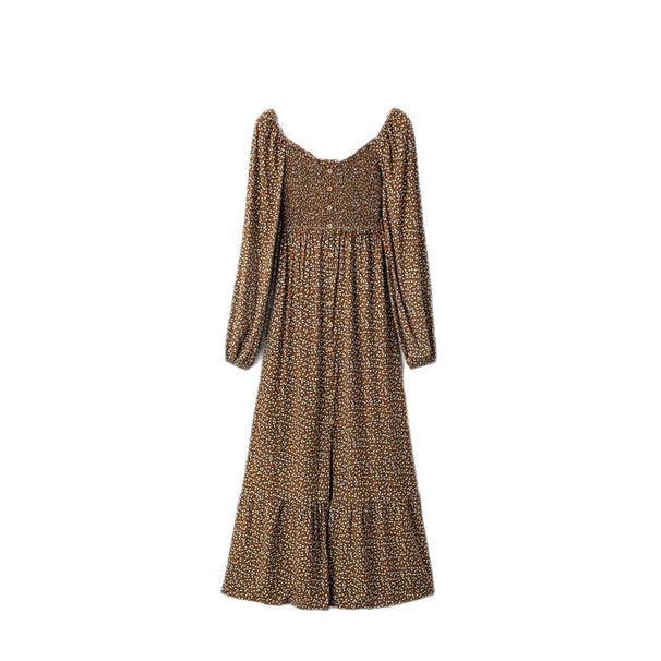 Women's Floral Print Chiffon Lantern Long Sleeve U Neck High Waist Panel Maxi Dress – Casual Fall Resort Gown_ecoleips.com