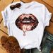 New T-shirt With Large Lips Print, White Vintage Plus-size Women's Short-sleeve Tee_ecoleips.com