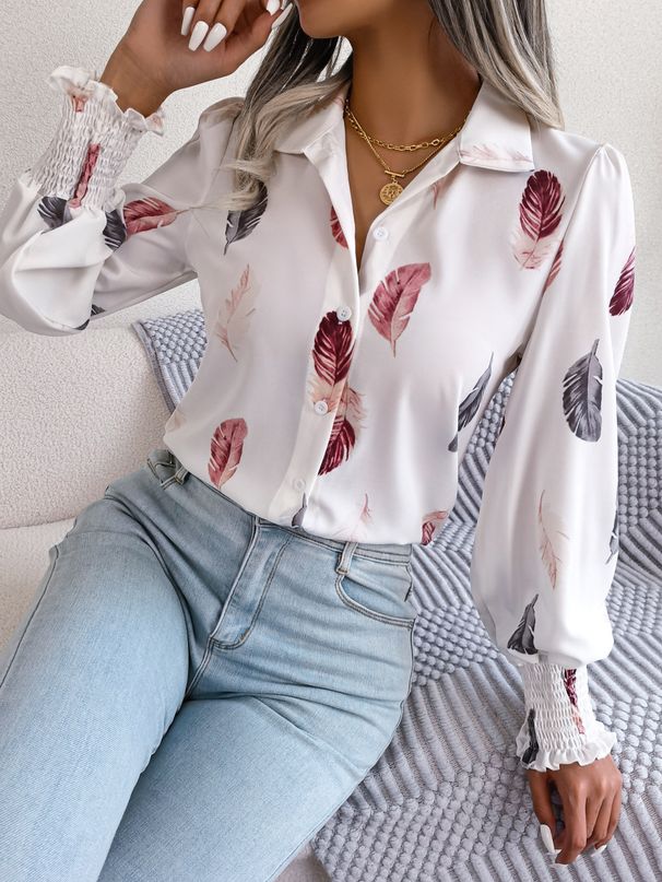 Instagram-style Real Shot Of 2026 Spring/summer European And American Style Feather Lantern Sleeve Collared Shirt._ecoleips.com