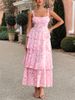 Women Elegant Tweed‑Style Floral Print Color‑Block Chiffon Spaghetti Strap Maxi Dress Daily Dating Vacation Wear_ecoleips.com