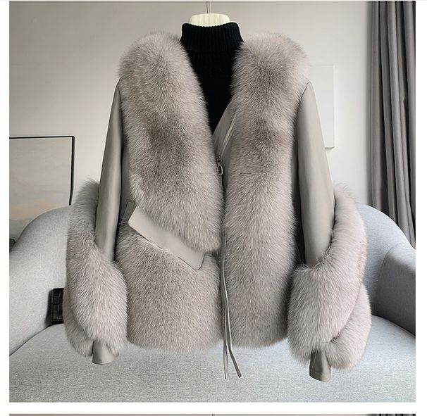 Luxury Sheepskin Motorcycle Jacket – Women's Winter Fox Fur Coat (S-XXL, Cocoa/Off-White/Light Gray/Dark Gray/Deep Khaki)_ecoleips.com