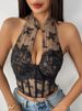 K New Sexy Lace Chinese Qipao Style Hanging Neck Collar Slim Fit Strapless Fish Bone Exposed Back Mini Top_ecoleips.com