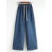 Plus-size Straight-leg Jeans Women, New Style For Plus-size Girls, Mid-waist, Loose Fit, Elastic Waist With Drawstring,_ecoleips.com