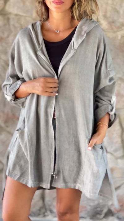 Women's Zip-Up Hoodie With Contrast Panels – Longline Cotton-Linen Blend Pullover, Oversized Streetwear Style (Rose/Gray, S-XXXL)_ecoleips.com