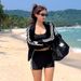 Women's Korean Style Three Piece Swimsuit Sun Protective Long Sleeved Cardigan Conservative High Waisted Briefs Sports Swimwear_ecoleips.com